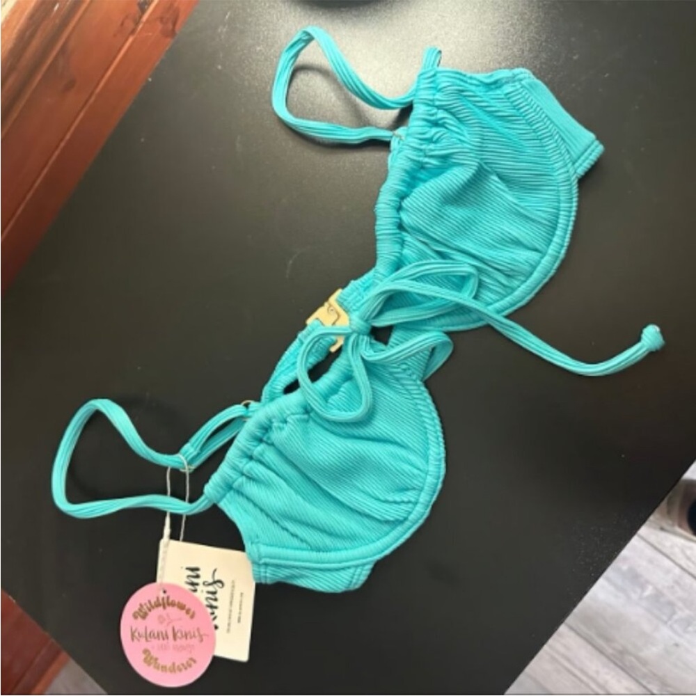 Kulani Kinis x Lexi Hidalgo Aqua Blue Ribbed Tie Front Underwire Bikini Top